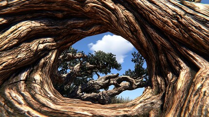 Obraz premium Majestic Old Tree Trunk Frame Reveals a Sunny Sky and Ancient Trees