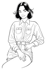 Young woman with short dark hair sitting and posing in a white long-sleeve button-down shirt, denim shorts, and a belt. Modern and stylish medium shot vector illustration.