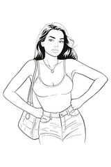 Confident young woman with long dark hair posing with hands on hips, wearing a white sleeveless tank top, denim shorts with a belt, and a shoulder bag.