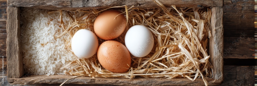 Fototapete Raw Eggs Nestled in Rice Straw on an Old Wooden Tray Creating a Rustic and Natural Display of Farm-Fresh Ingredients Generative AI