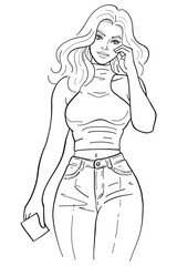 Young woman in a white sleeveless crop top and blue denim jeans walking and holding a phone, with a relaxed pose. Modern and stylish full body vector illustration.