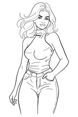 Young woman in a white sleeveless turtleneck top and blue denim jeans casually posing with one hand in her pocket, looking at the camera. Modern and stylish full body vector illustration.