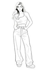 Young woman in a white tank top and blue denim jeans casually posing with hands in pockets. Modern and stylish full body vector illustration.