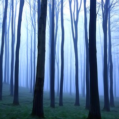 Serene Blue Mist Envelops Tall Trees in a Mystical Forest A tranquil landscape photo of nature