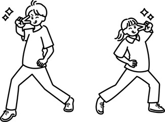 ピースと決めポーズの医師と看護師のイラスト　線画のみ