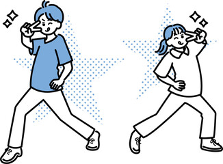 ピースと決めポーズの医師と看護師のイラスト