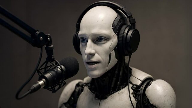 Seamless loop animation of humanoid robot with wearing headphones and speaking into microphone and pausing to think in dark podcast studio, concept for AI agents

