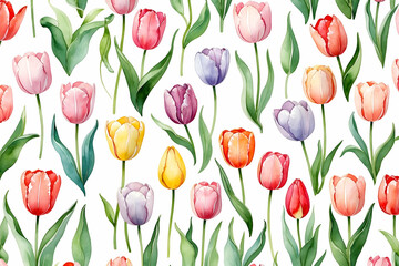Obraz premium Watercolor tulips seamless pattern design on white background for textile or print