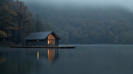 Fototapeta premium Misty lake cabin Tranquil, wooden home on water, nestled in foggy forest