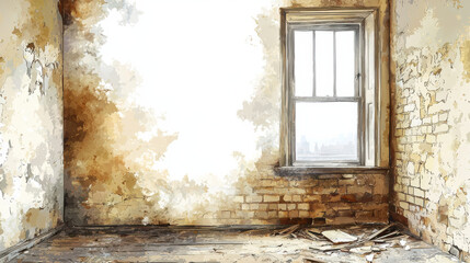 Abandoned room with peeling walls and window