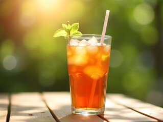 Iced Tea in Sunlight Refreshing Summer Beverage on Outdoor Table