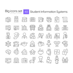 Student information systems line icons set. Dress code, school uniform. Competition trophy, achievement. Isolated vector outline illustrations. Thin lineart iconset symbols. Editable stroke