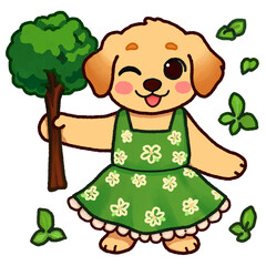 Green‑Dress Puppy Standing by Tree