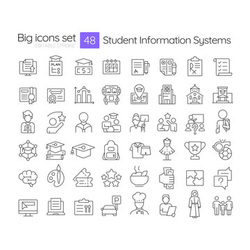 Student information systems line icons set. Dress code, school uniform. Competition trophy, achievement. Isolated vector outline illustrations. Thin lineart iconset symbols. Editable stroke