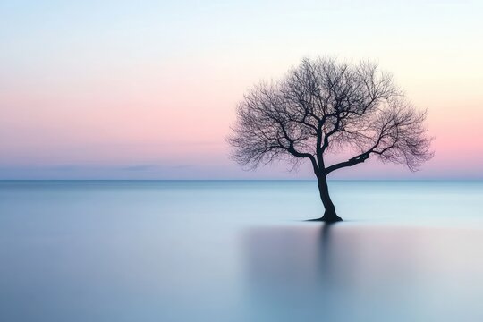 Minimalist coastal sunset scene in Sicily, tree silhouette and calm sea