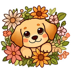 Puppy Surrounded by Autumn Flowers