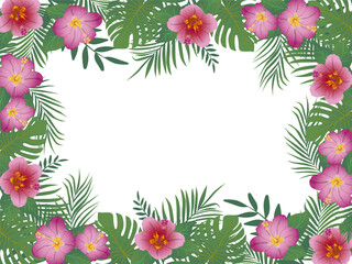 Colorful frame of tropical greenery and bright hibiscus flowers. Tropical leaves frame. Vector illustration design. Hand drawn