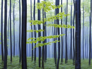Fototapeta premium Serene Springtime Forest Young Tree Emerging Amidst Misty Blue Beech Trees