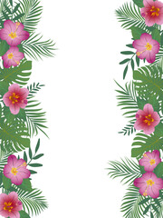 Colorful border of tropical greenery and bright hibiscus flowers. Tropical leaves frame. Vector illustration design. Hand drawn