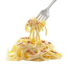 Delicious Spaghetti Carbonara with Crispy Bacon on a Fork Against a Green Transparent background