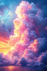 Vibrant sunset hues paint the sky, reflected in calm waters below a massive, colorful cloud formation