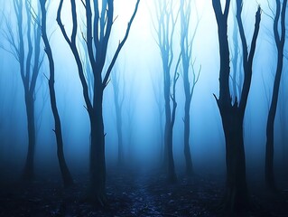 Obraz premium Mysterious Blue Fog Envelops Leafless Trees in a Spooky Forest A Dark and Eerie Atmosphere