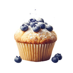 Fluffy golden muffin filled with blueberries isolated on transparent background