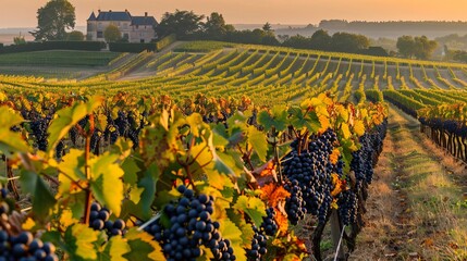 Autumn Grape Harvest in Vineyard of Red Wine Region Bordeaux