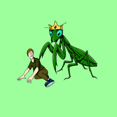 Playful fear: Cartoon of a giant crowned mantis intimidating a terrified man. Quirky concept.