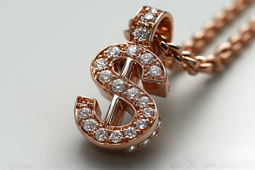 Naklejka premium Rose gold diamond dollar sign pendant on a delicate chain against a white background