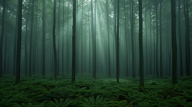 Mystical forest bathed in morning mist