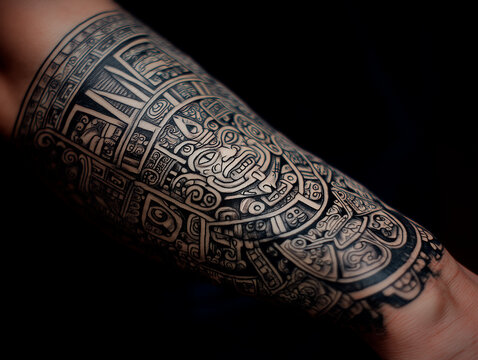
Intricate Polynesian sleeve tattoo design featuring tiki masks, waves, and spear motifs, bold lines on white background, no arm or hand