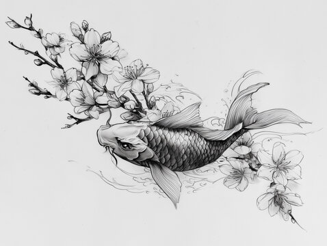 
Sketch of a Japanese-style sleeve tattoo with koi fish and cherry blossoms, black ink on white background, no arm or hand

