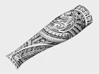 Fototapeten  Black and white sketch of a Maasai sleeve tattoo combining linear tribal patterns with animal motifs like lions and elephants, white background, no arm or hand   © Olena Kapinus