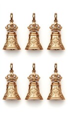Six miniature gold bells with crown tops, intricate detailing