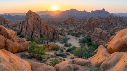 Sunrise over desert rock formations.  