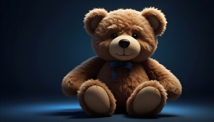 Obraz premium A brown teddy bear with a blue bow is sitting on a dark blue surface, centered.