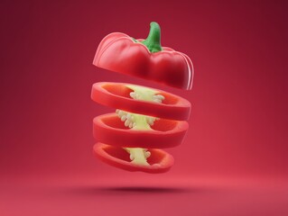 Red Bell Pepper Sliced in Air on Red Background Culinary Still Life