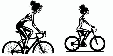 Obraz premium Female Skeleton with Messy Bun Biking. Clipart silhouette vector illustration. Woman bony structure untidy chignon cycling leisure ride action.