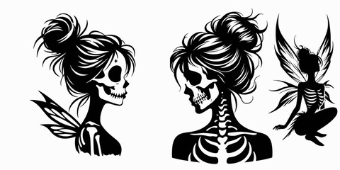 Female Skeleton with Messy Bun Fairy. Clipart silhouette vector illustration. Bony woman sprite untidy chignon gothic fantasy being design.