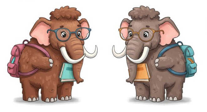 Cartoon Two Mammoth Students with Backpacks and Books - Adorable cartoon illustration of two woolly mammoths, wearing glasses and backpacks, carrying books. Perfect for educational materials