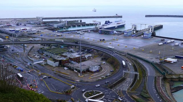 A road junction with a roundabout near the port in Dover, England.