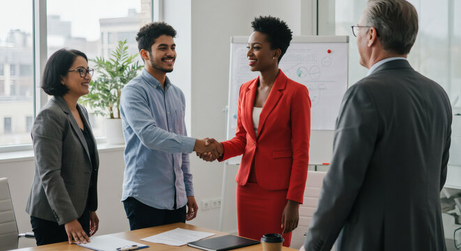 Diverse business team shaking hands during office meeting
