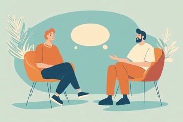Illustration of two men conversing while seated in orange chairs