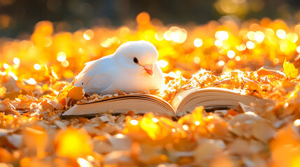 With a backdrop of yellow bokeh, a white pigeon sits on an open book. Concept of Peace and Freedom