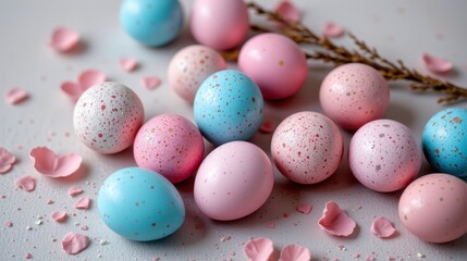 Obraz premium Colorful Pastel Easter Eggs with Decorative Petals and Foliage on a Light Background for Spring Celebrations