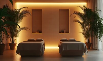 Tranquil Spa Retreat: A serene and inviting spa treatment room featuring two plush massage tables, bathed in warm, ambient lighting.  The soft glow highlights the minimalist decor and lush greenery.