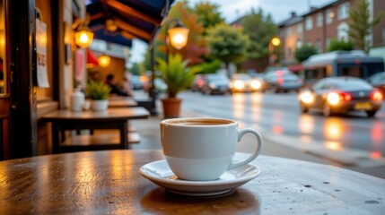 Fototapeta premium Cozy coffee cup on wooden table near street with blurred cars and warm lighting on a rainy day