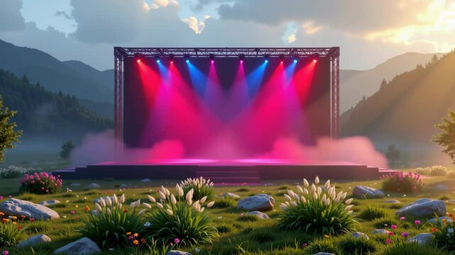 An outdoor stage with colorful lights and mist set amid a scenic mountain landscape at sunset.