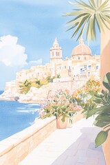 Fototapeta premium Beautiful Detailed Soft Pastel Colour Palette Vintage Gouache Illustration of Sunny Morning in Malta